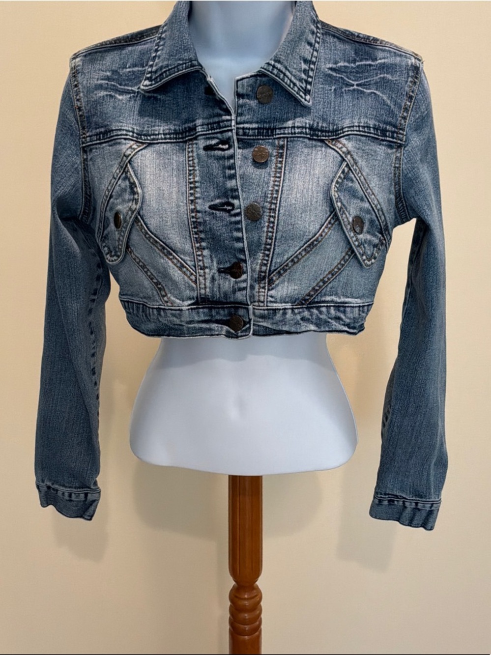 Younique Denim Jacket with Pink Embroidered Logo vintage super cropped size M